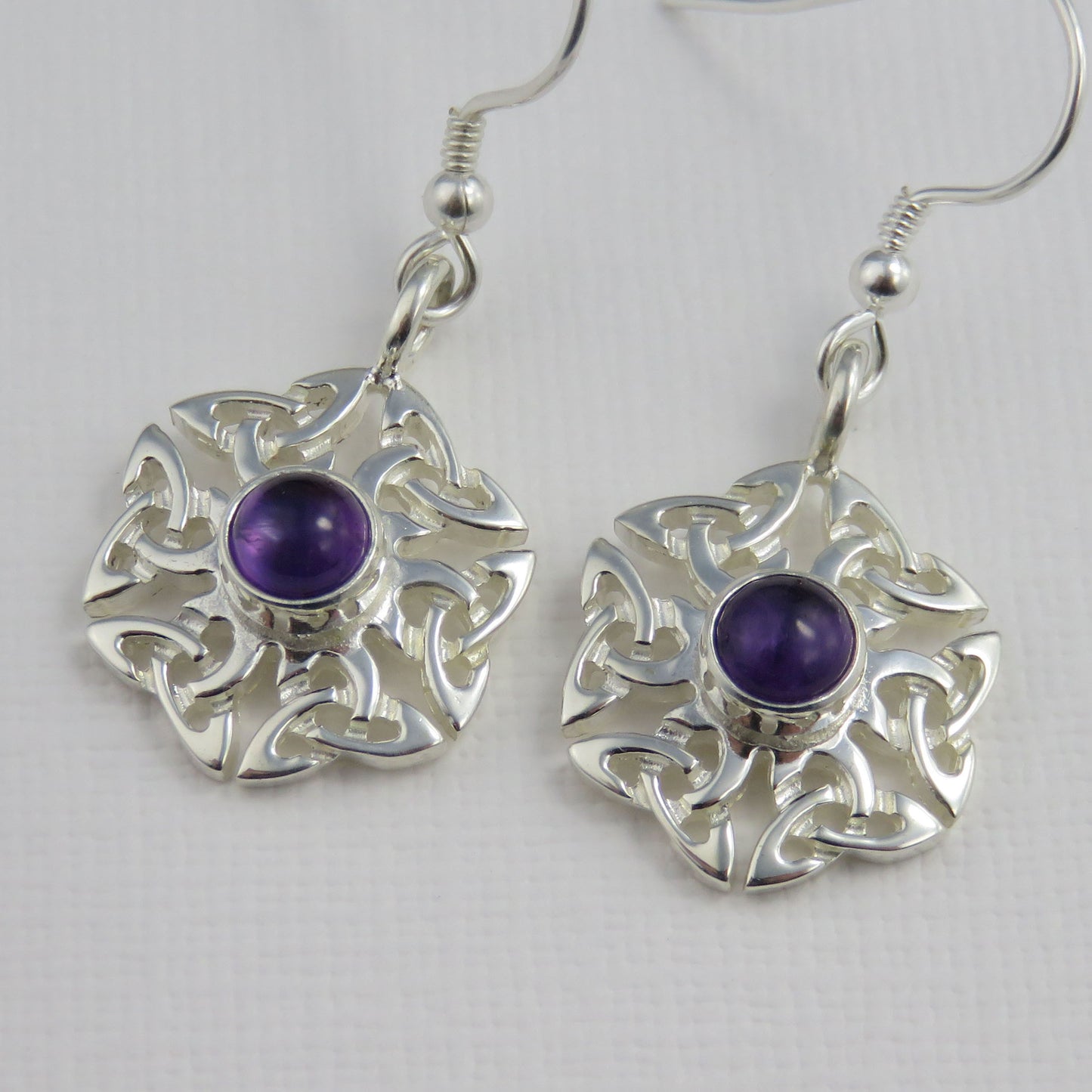 Amethyst birthstone Celtic knotwork silver dangle earrings