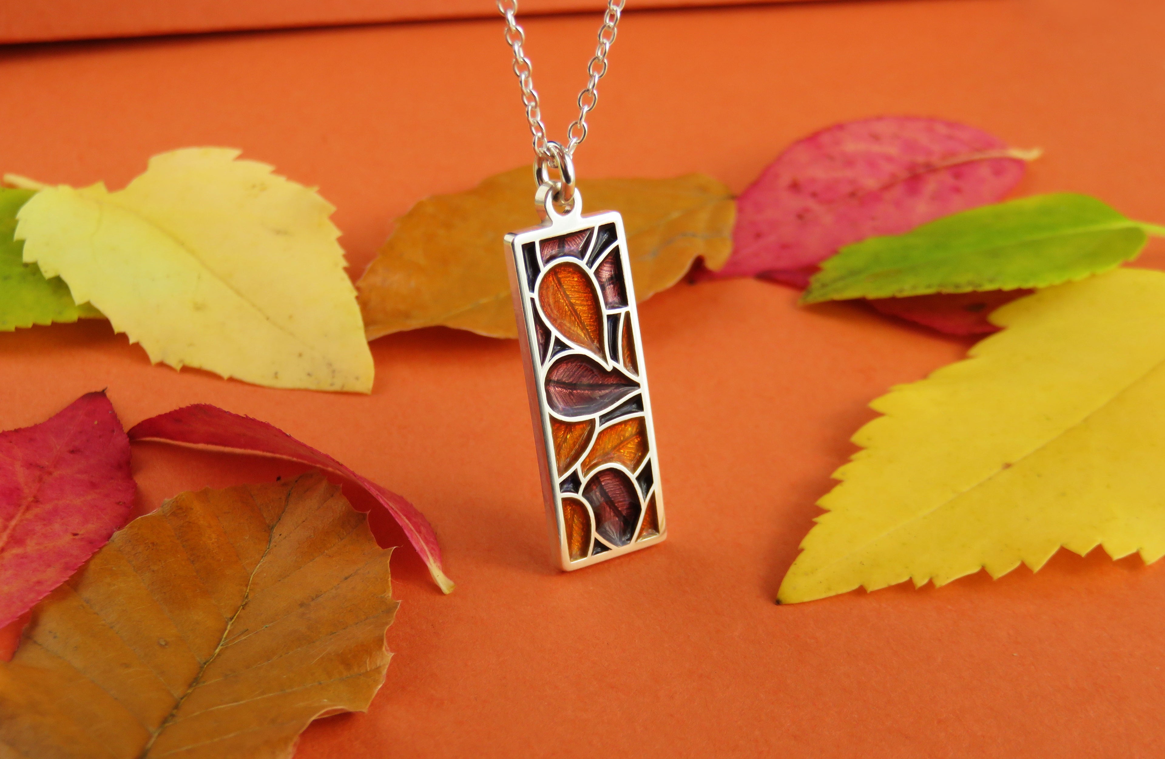 Autumn Leaves enamel silver pendant necklace