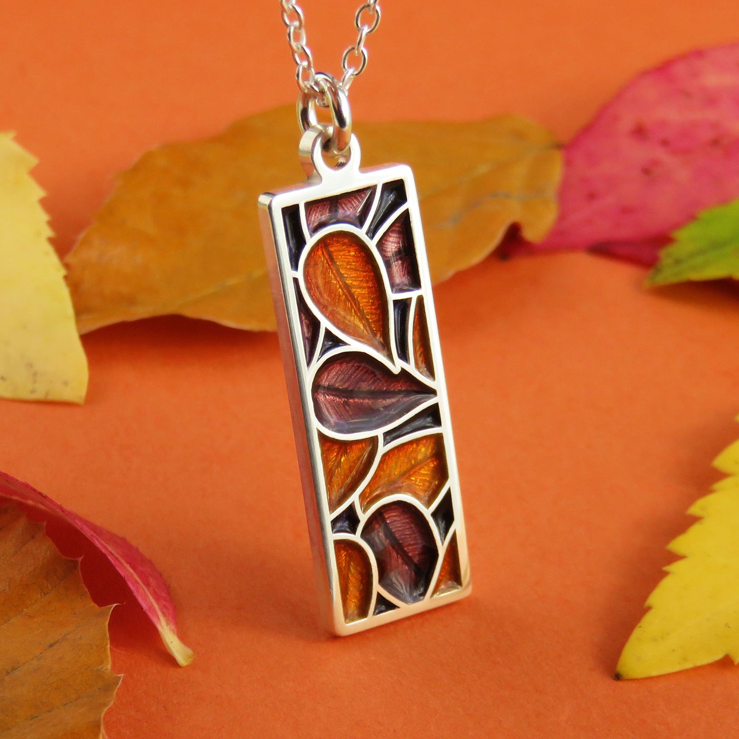 Autumn Leaves enamel silver pendant necklace