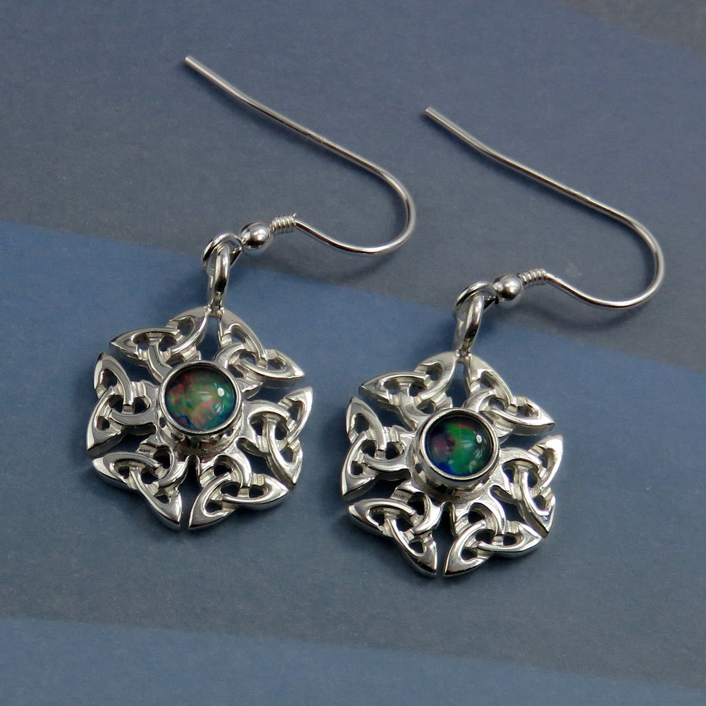 Celtic Knotwork birthstone silver dangle earrings - Opal