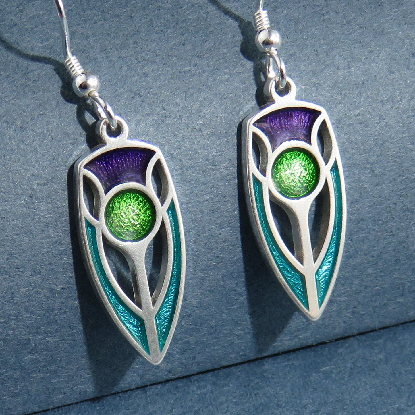 The Elegant Thistle art nouveau enamel silver dangle earrings