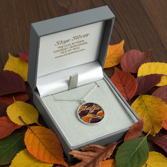 Leaves in the Wind enamel silver pendant necklace