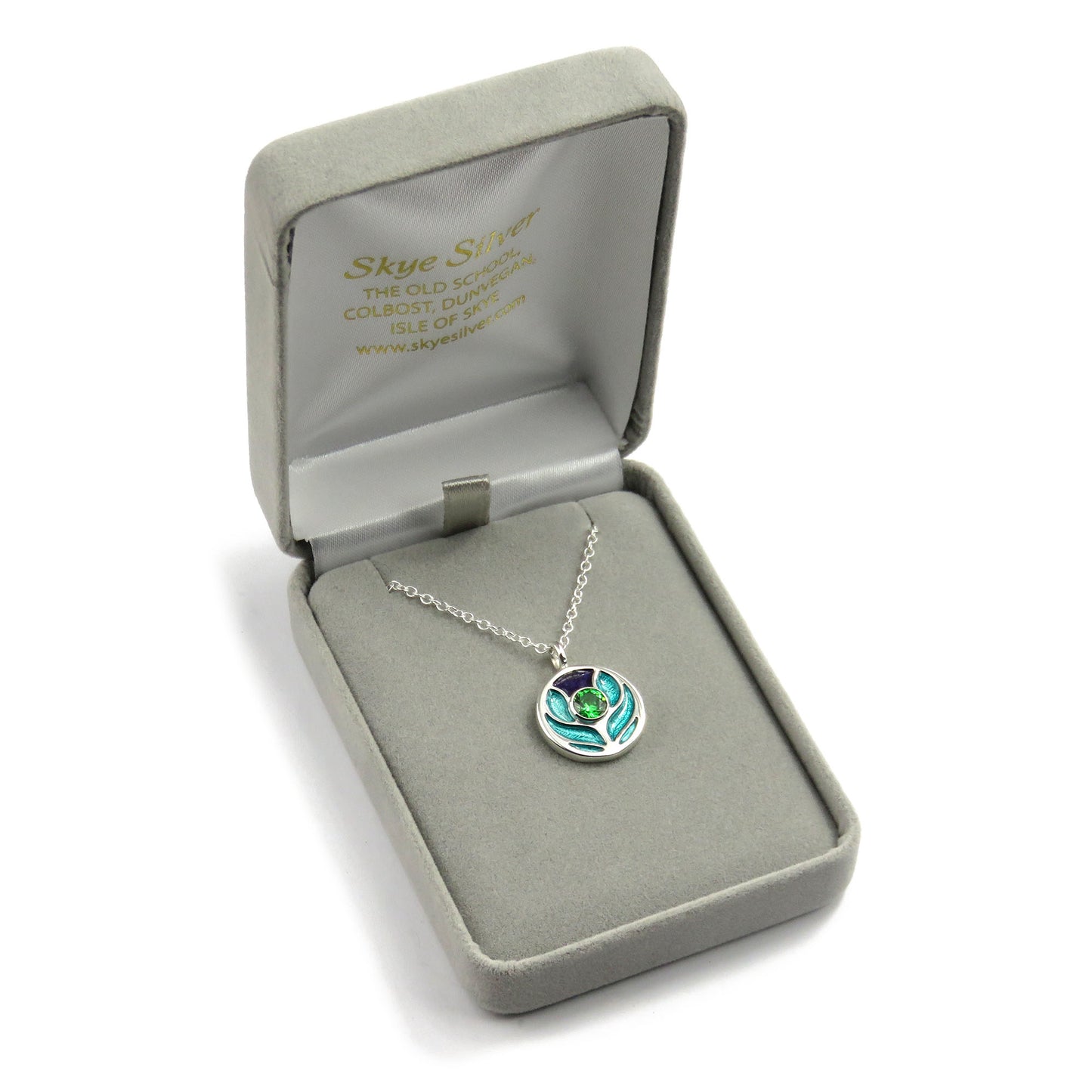 Scotland's Thistle enamel silver pendant necklace with sparkly green Cubic Zirconia stone