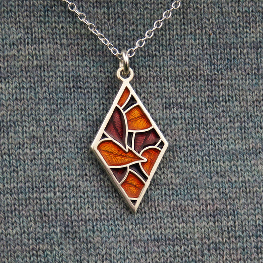 Window on Autumn enamel silver leaf dangle necklace