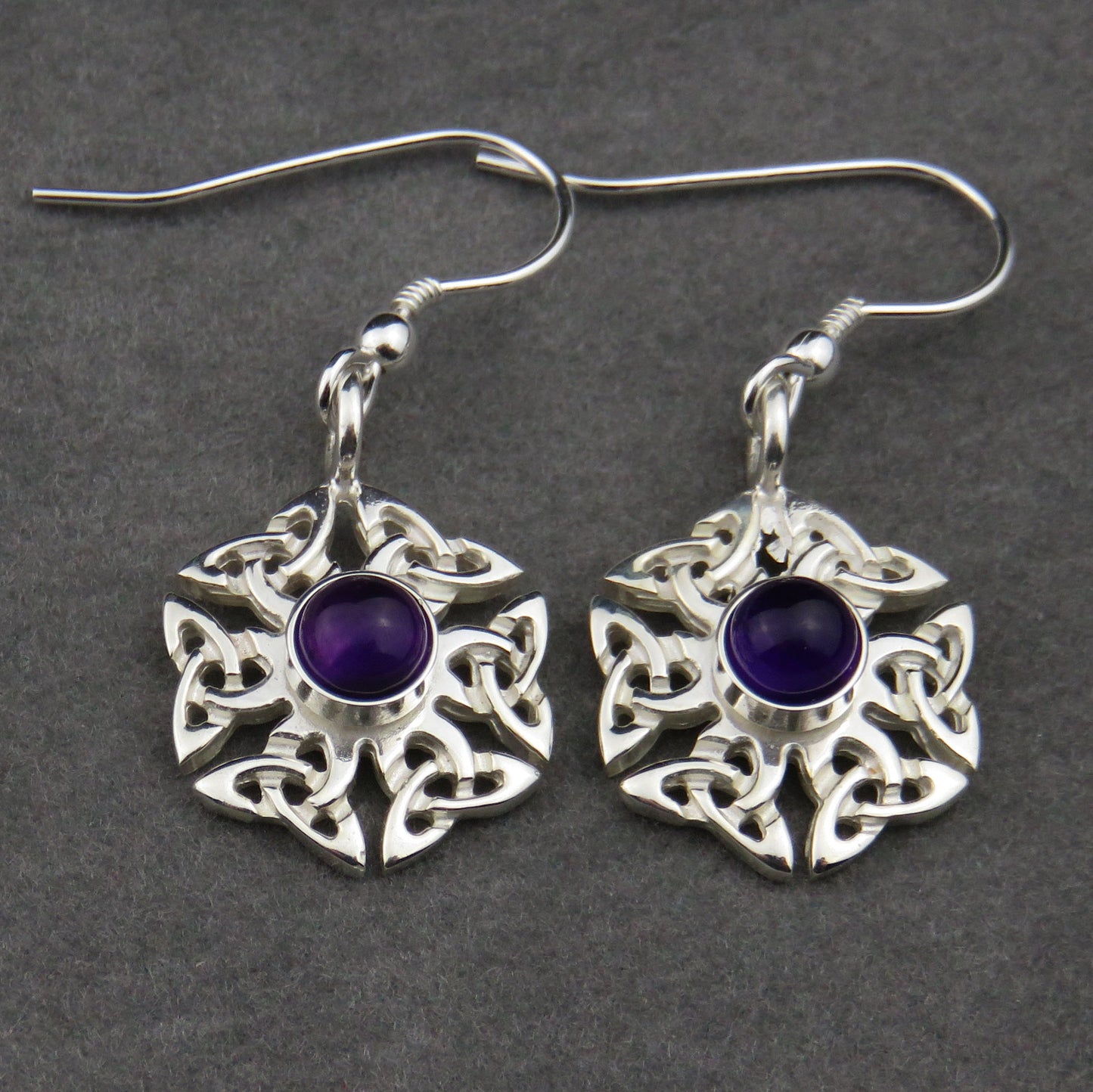 Amethyst birthstone Celtic knotwork silver dangle earrings
