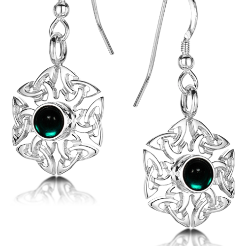 Celtic Knotwork birthstone silver dangle earrings - Artificial Emerald