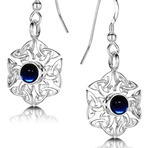 Celtic Knotwork birthstone silver dangle earrings - Artificial Sapphire