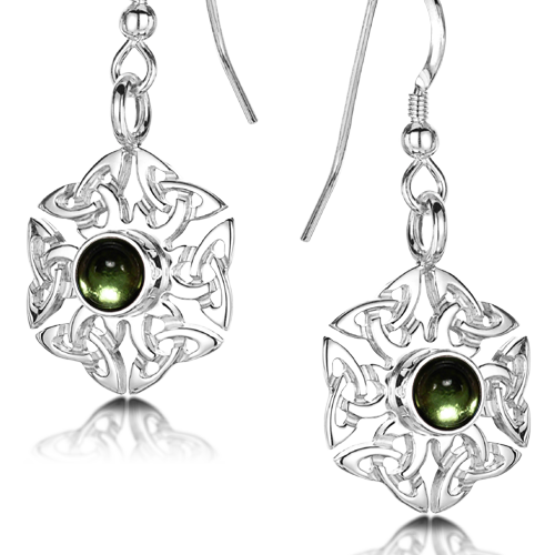 Celtic Knotwork birthstone silver dangle earrings - Peridot