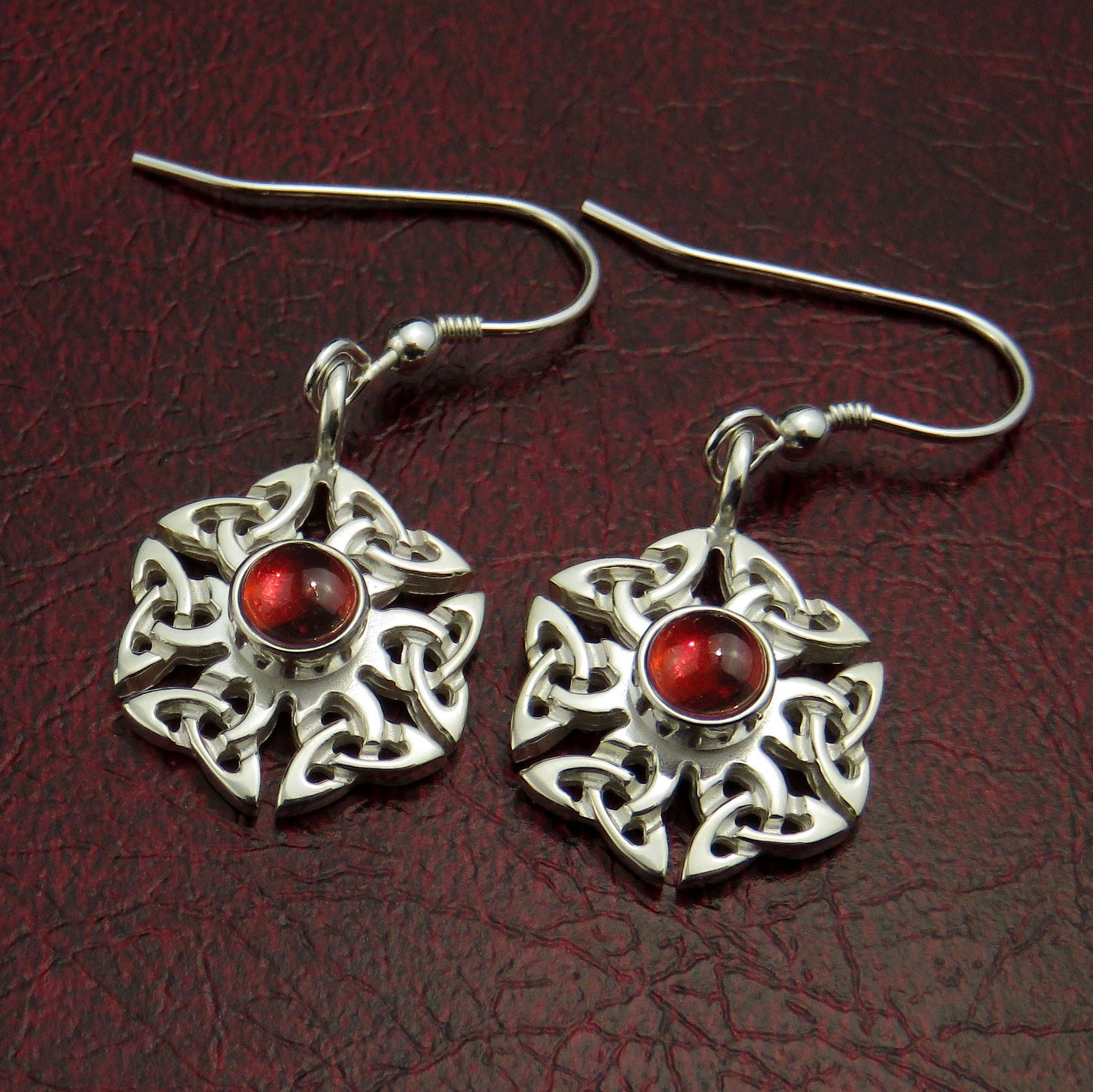 Garnet birthstone Celtic knotwork silver dangle earrings