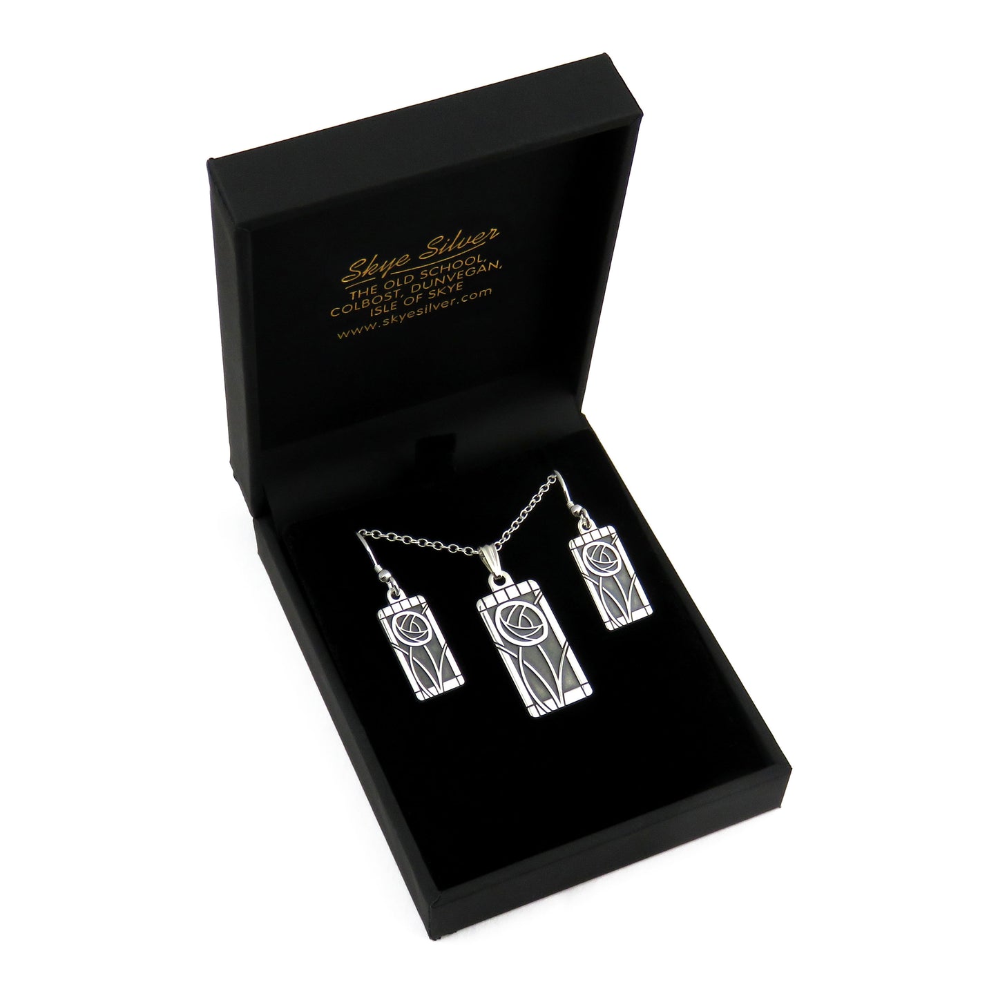 Mackintosh Rose silver pendant necklace and dangle earrings set