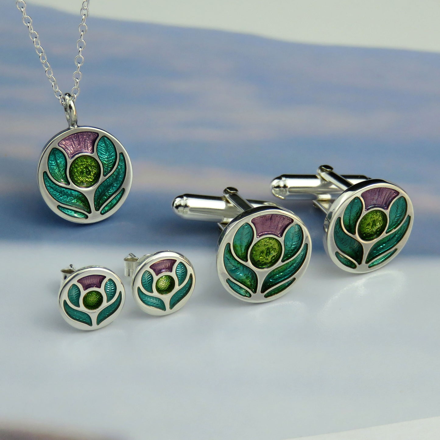 Scotland's Thistle enamel silver pendant necklace, stud earrings and cufflinks