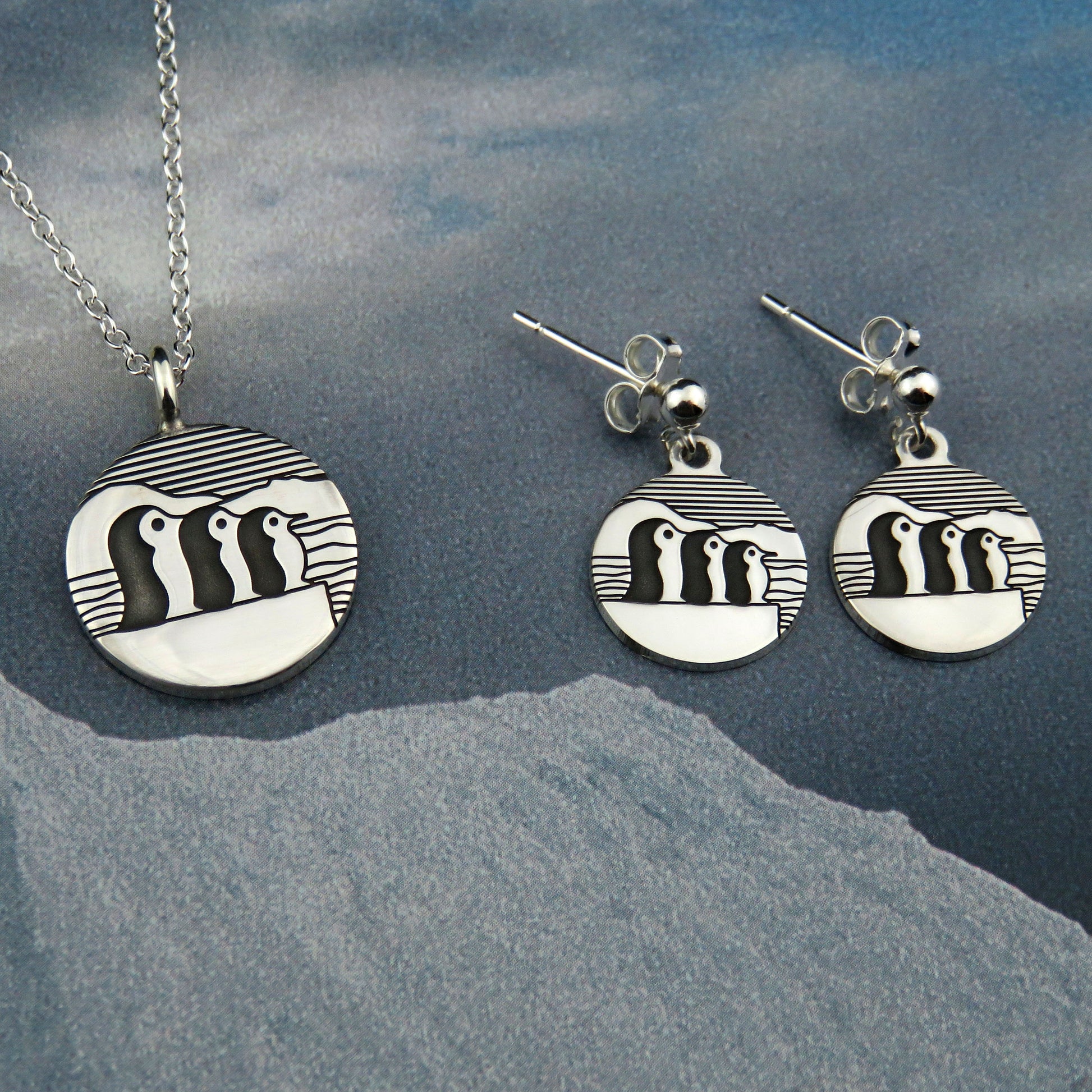 Three Little Penguins silver pendant necklace and ball stud earrings set