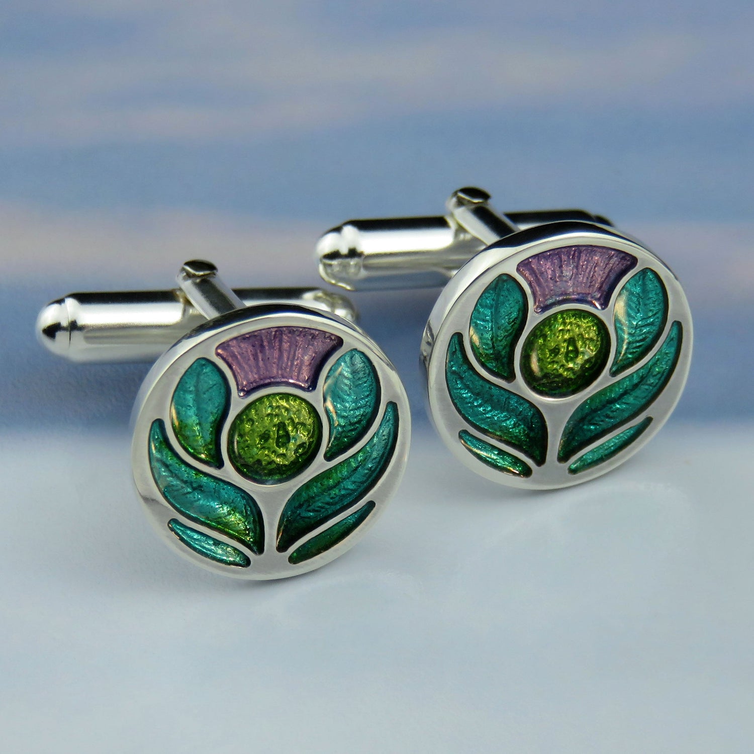 Scotland's Thistle enamel silver cufflinks