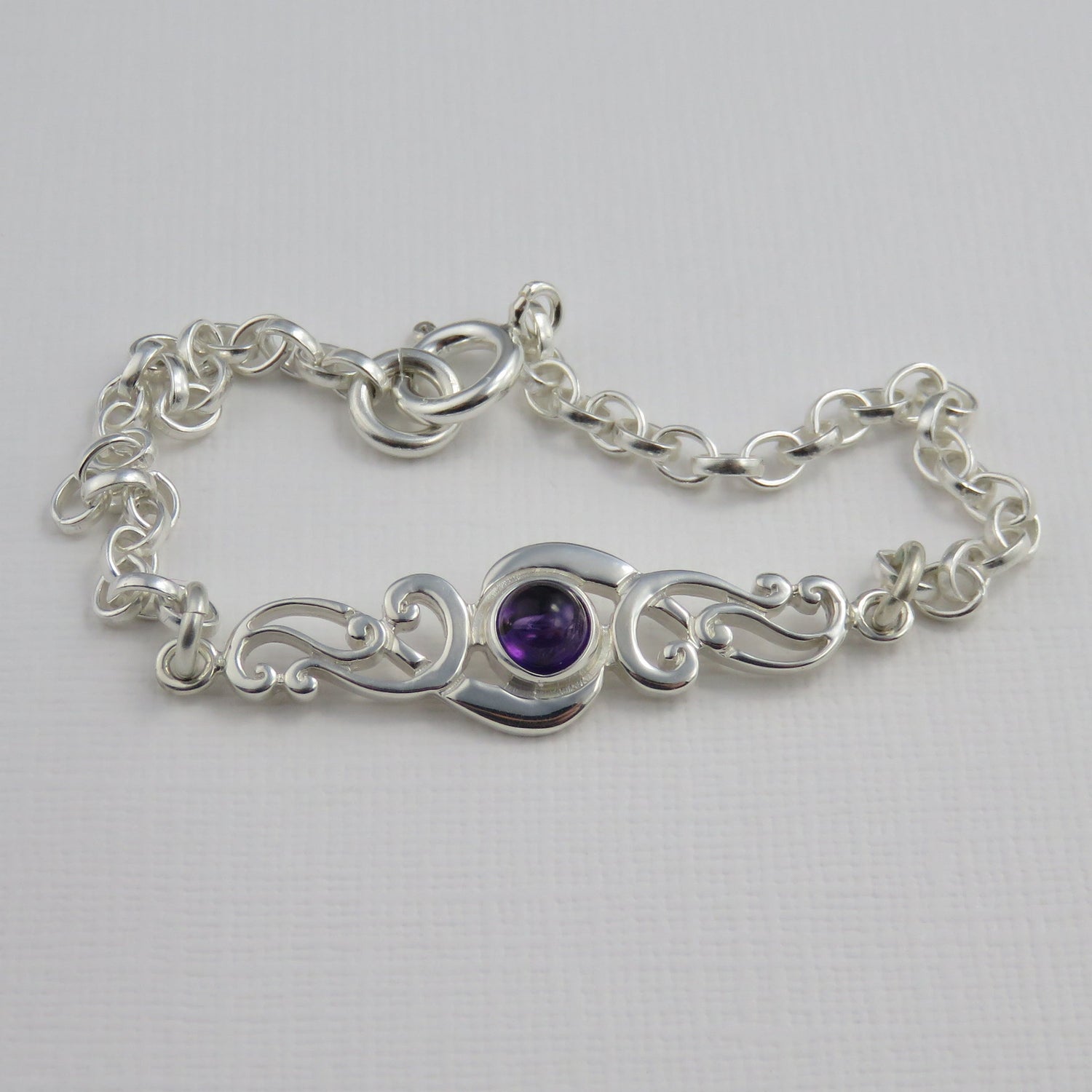 Scroll birthstone silver bracelet - Amethyst