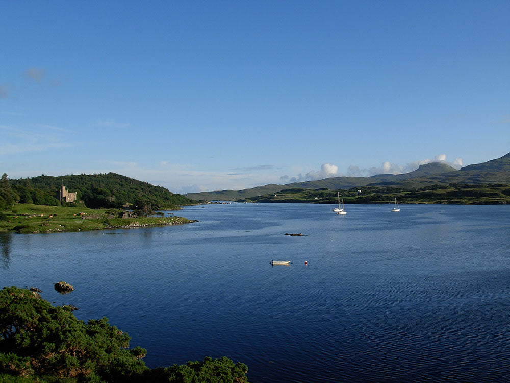 View of Loch Dunvegan and Dunvegan Castle with Macleod's Tables in the distance