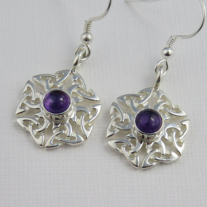 Amethyst birthstone Celtic knotwork silver dangle earrings