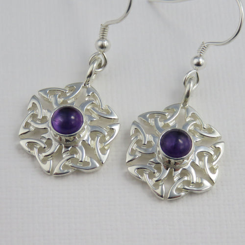 Amethyst birthstone Celtic knotwork silver dangle earrings