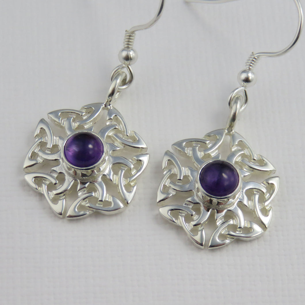 Amethyst birthstone Celtic knotwork silver dangle earrings