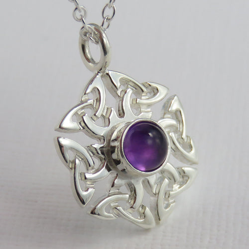 Amethyst birthstone Celtic knotwork silver pendant necklace