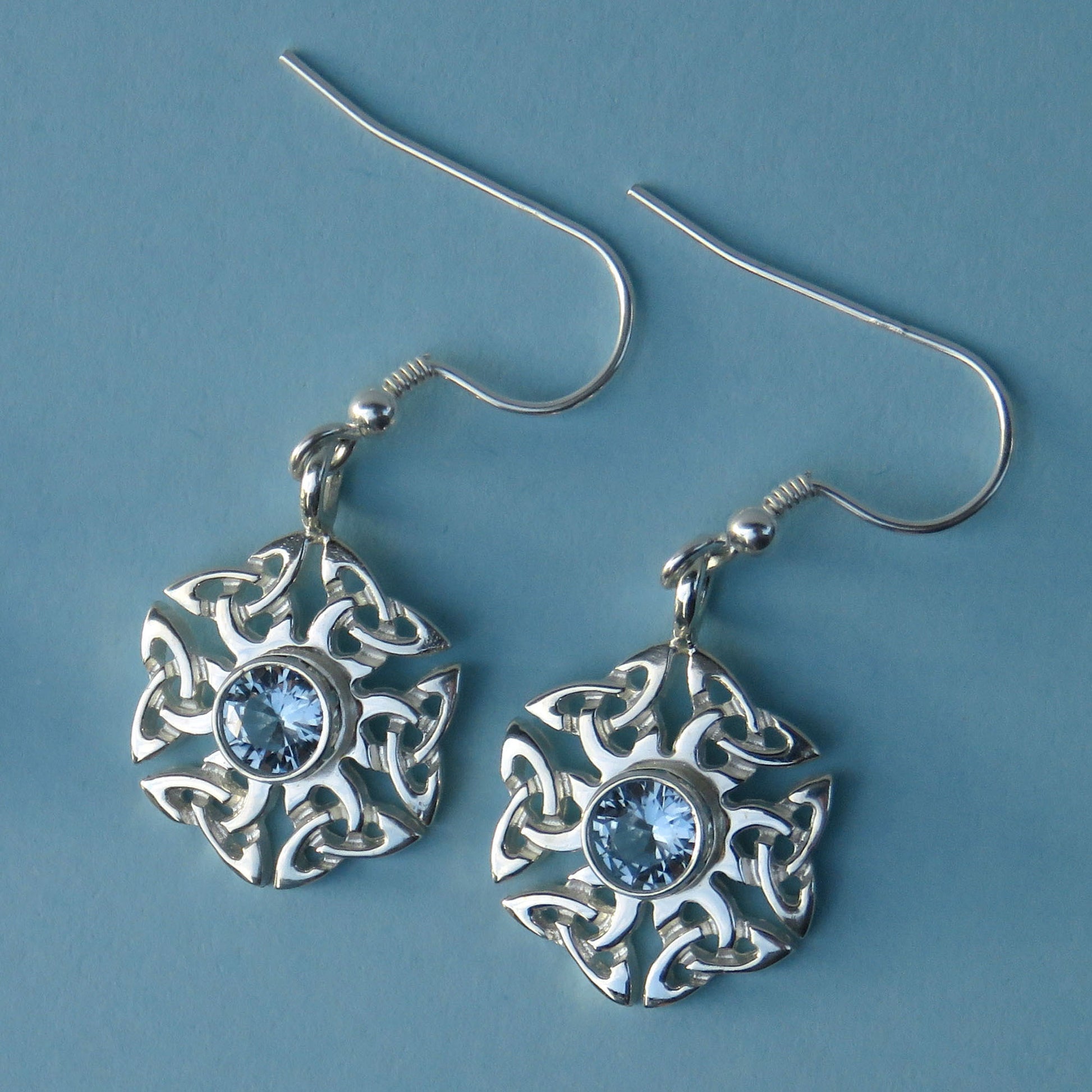 Aqua Spinel birthstone Celtic knotwork silver dangle earrings