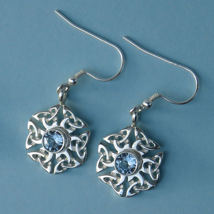 Aqua Spinel birthstone Celtic knotwork silver dangle earrings