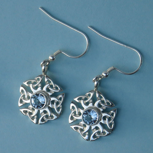 Aqua Spinel birthstone Celtic knotwork silver dangle earrings