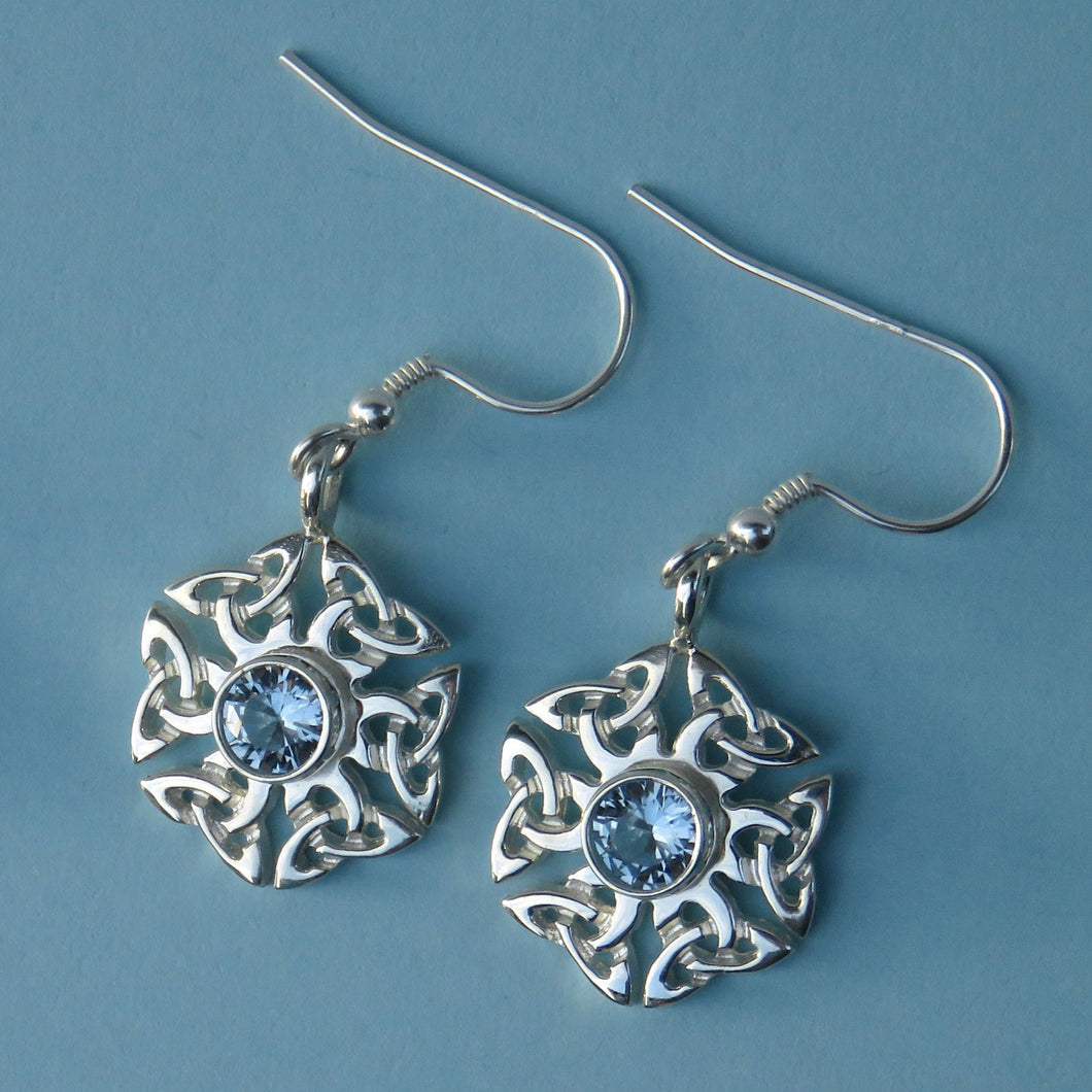 Aqua Spinel birthstone Celtic knotwork silver dangle earrings