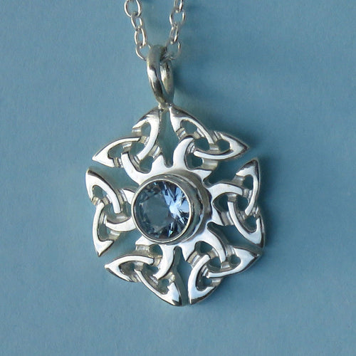 Aqua Spinel birthstone Celtic knotwork silver pendant necklace