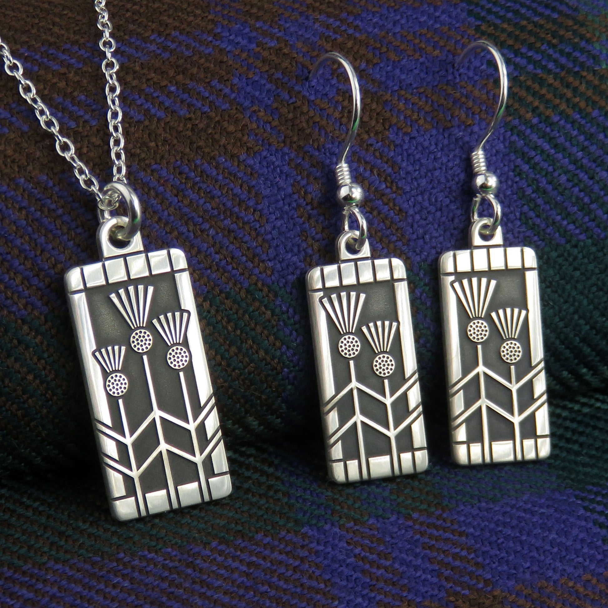 Art Nouveau Thistle silver pendant neckalce and dangle earrings