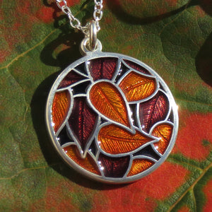Autumn Gems enamel silver leaf pendant necklace