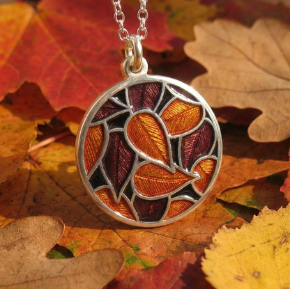 Autumn Gems enamel silver leaf pendant necklace