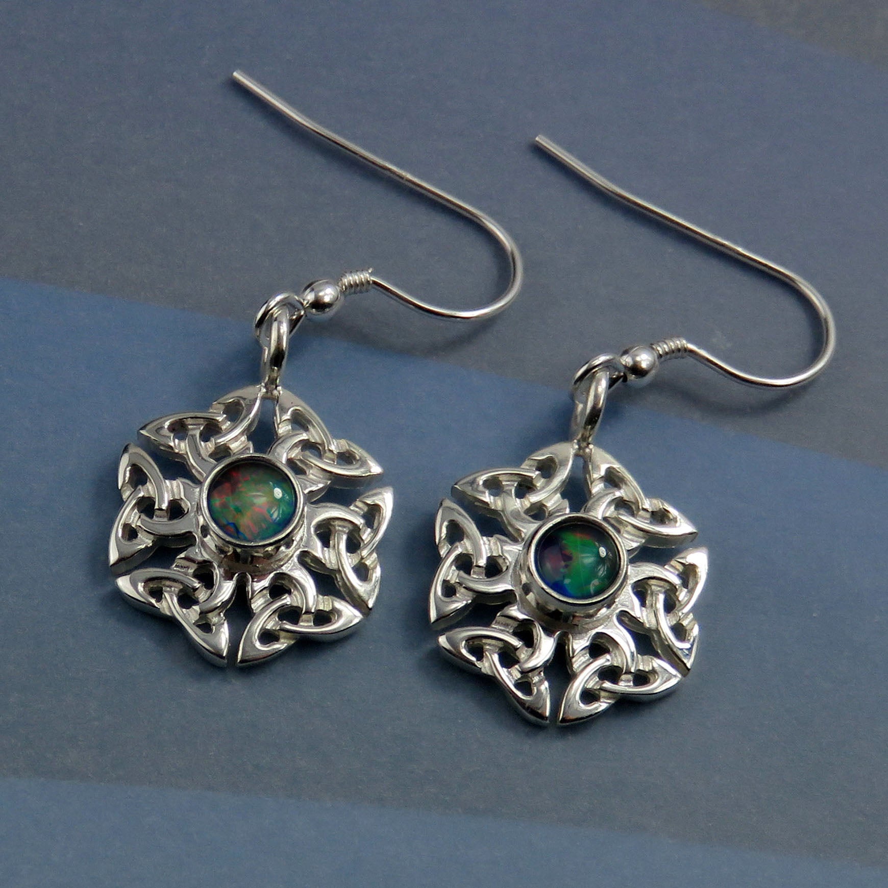 Celtic Knotwork birthstone silver dangle earrings - Opal