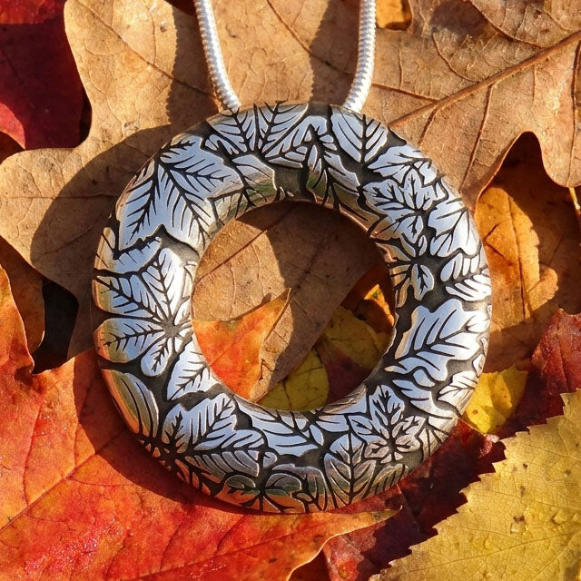 Circle of Autumn silver leaf pendant necklace