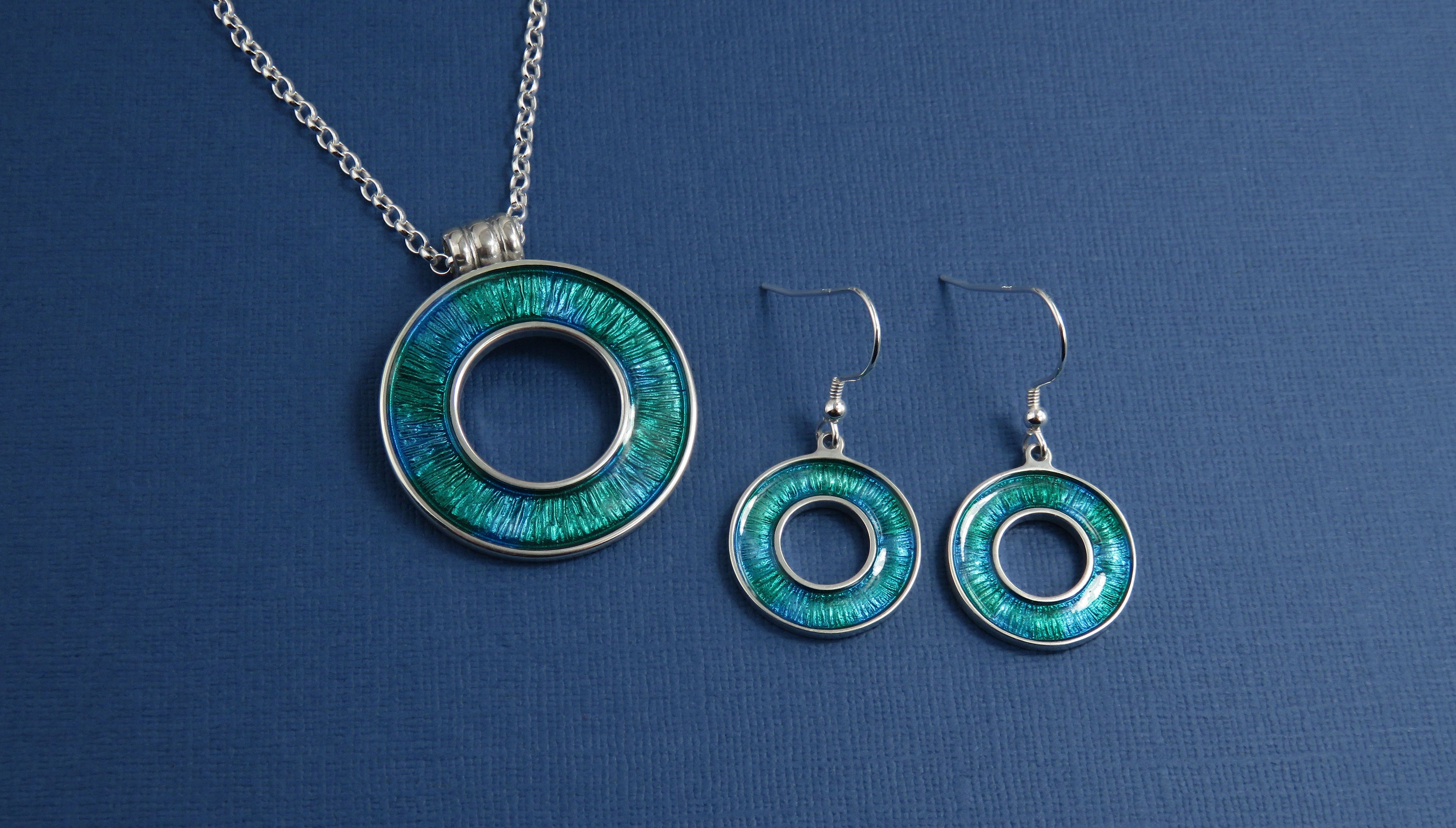 Colours of the Sea enamel silver pendant necklace and dangle earrings