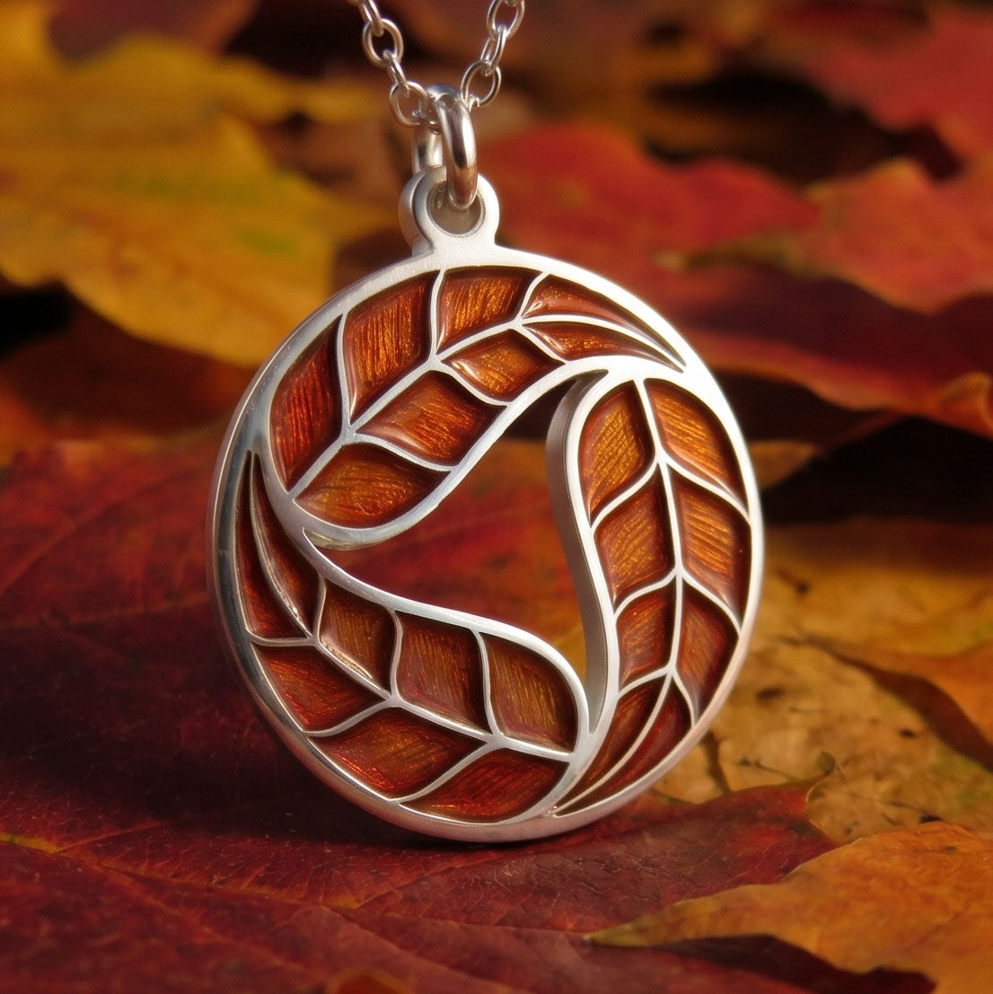 Dancing Leaves enamel silver pendant necklace