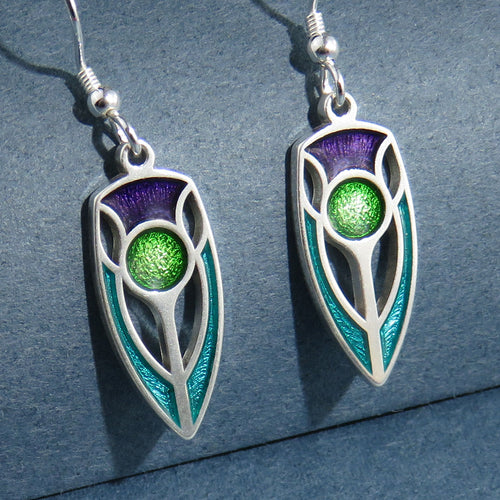 The Elegant Thistle art nouveau enamel silver dangle earrings