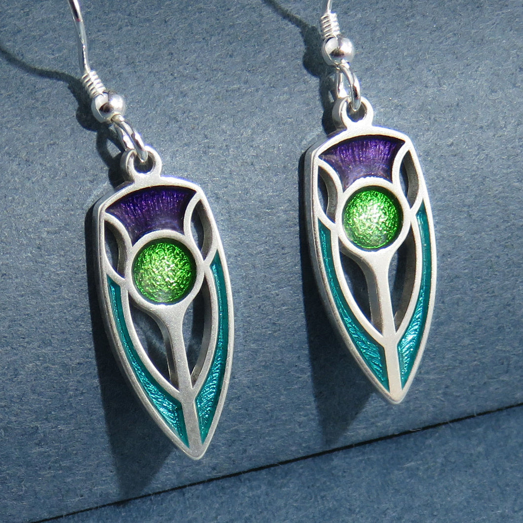 The Elegant Thistle art nouveau enamel silver dangle earrings