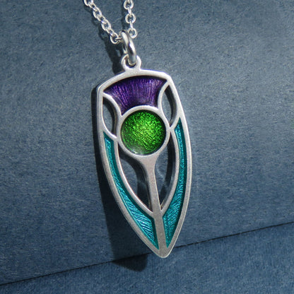 The Elegant Thistle art nouveau enamel silver pendant necklace