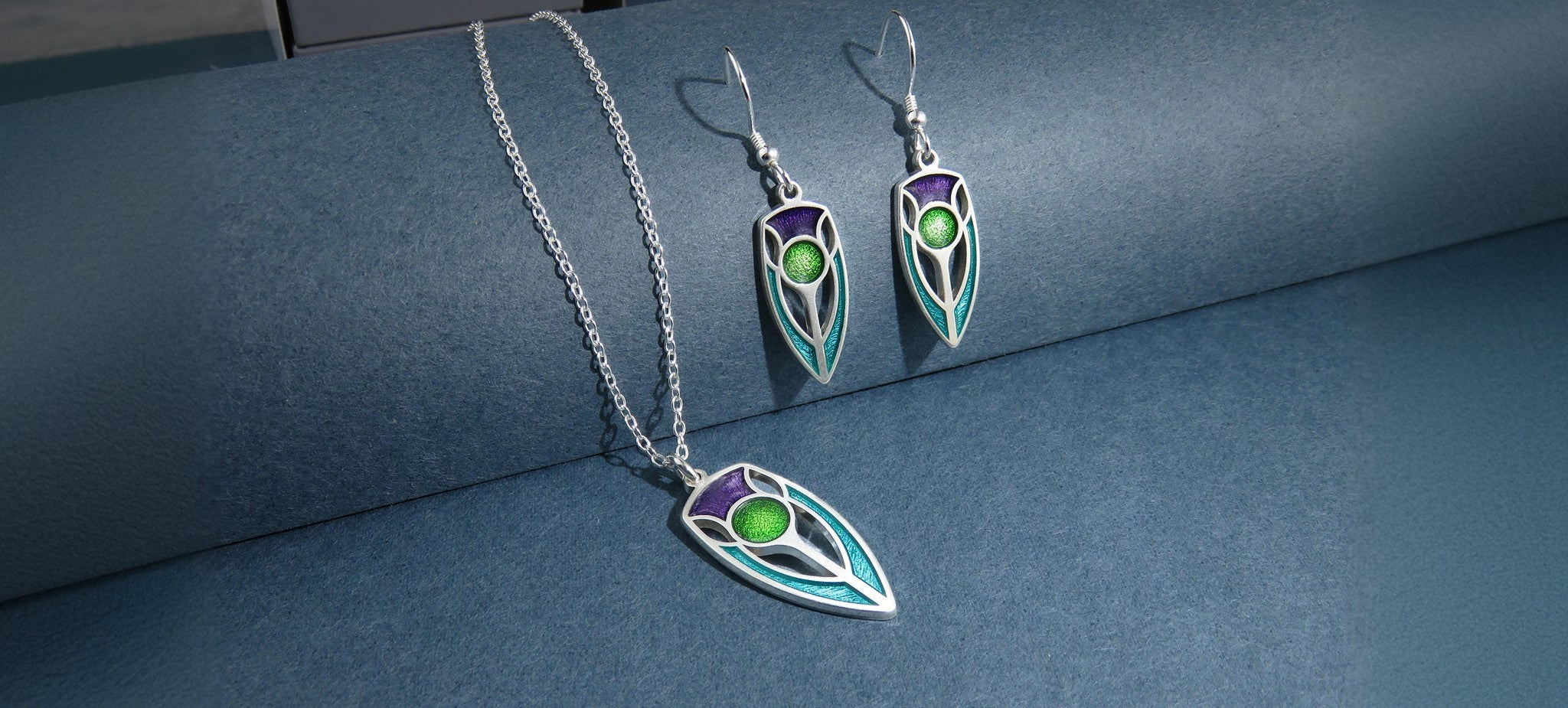 The Elegant Thistle Art Nouveau enamel silver pendant necklace and dangle earrings