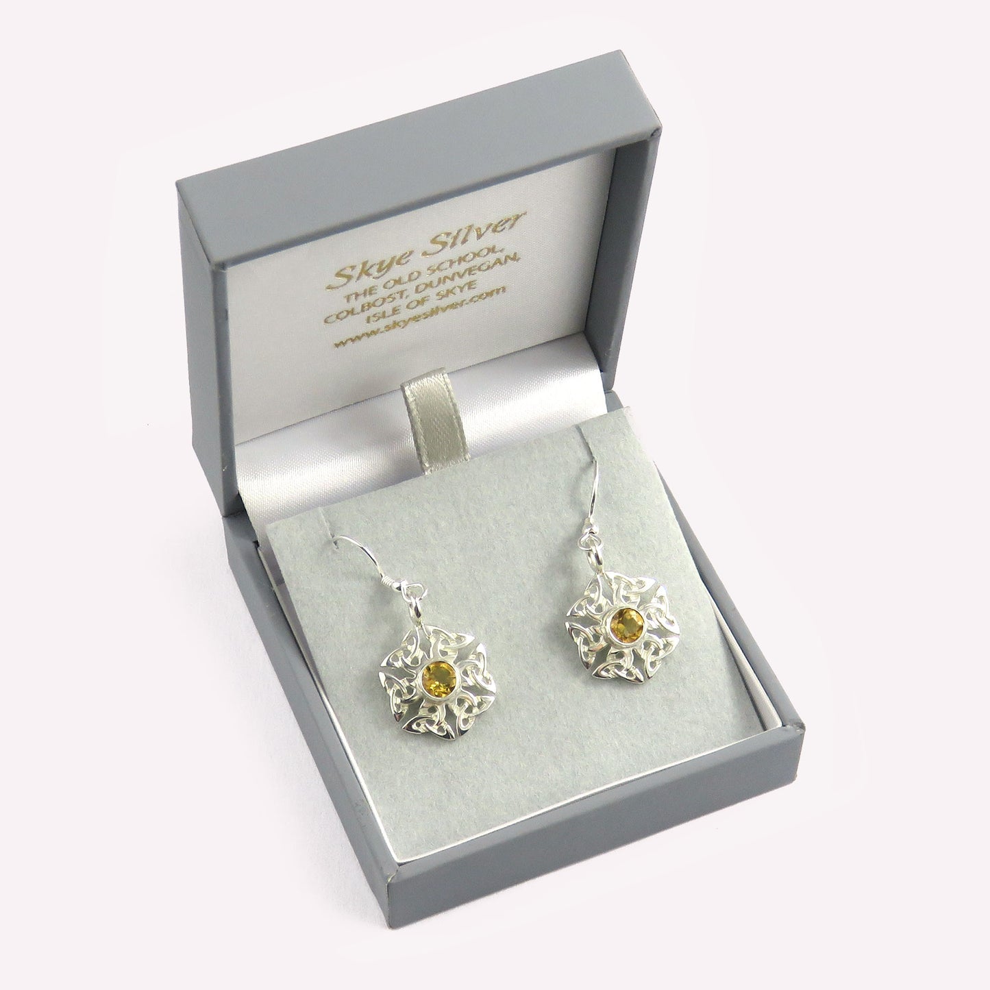 Facetted citrine birthstone Celtic knotwork silver dangle earrings