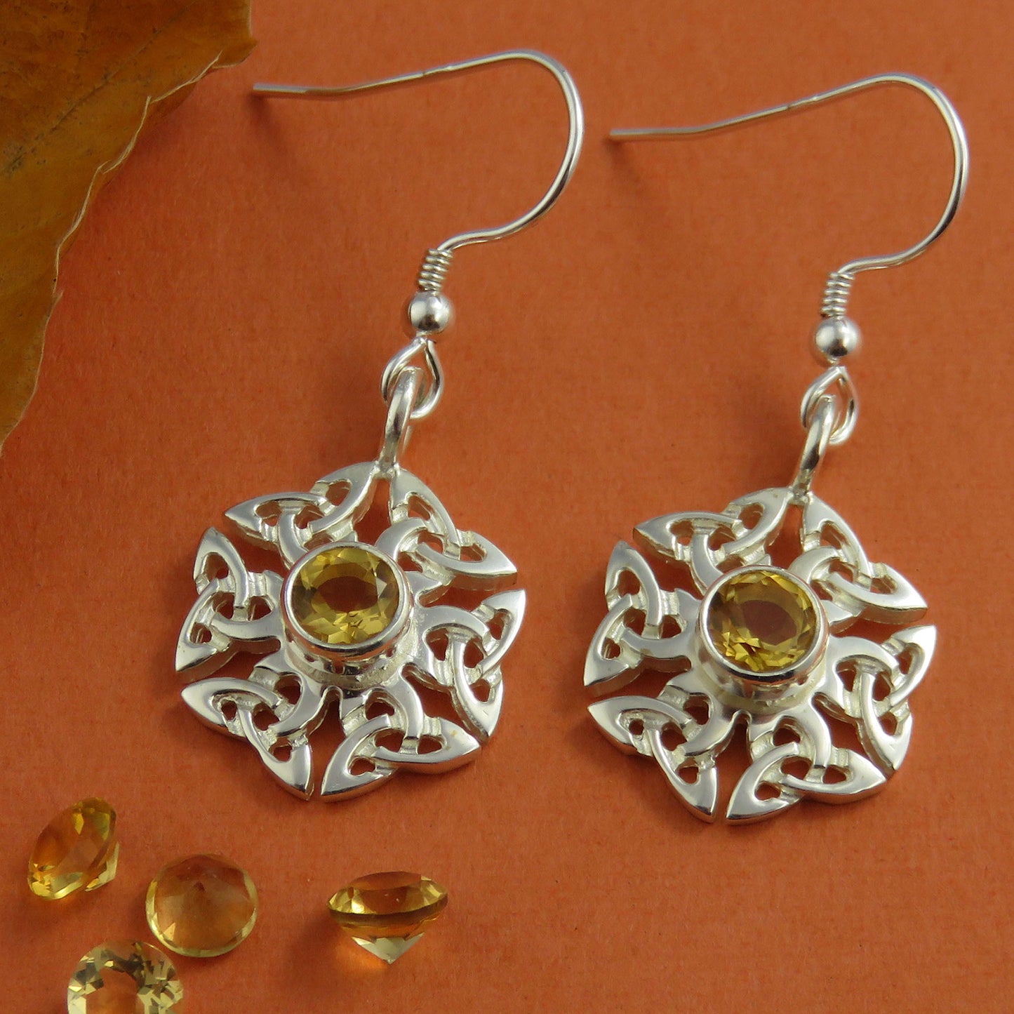 Facetted citrine birthstone Celtic knotwork silver dangle earrings