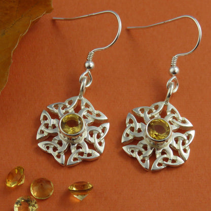 Facetted citrine birthstone Celtic knotwork silver dangle earrings
