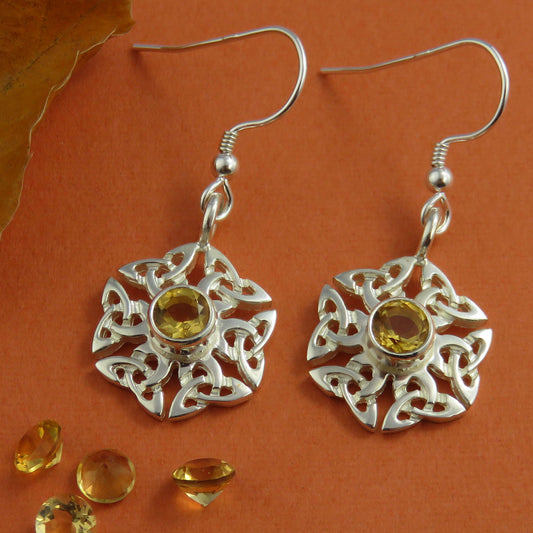 Facetted citrine birthstone Celtic knotwork silver dangle earrings