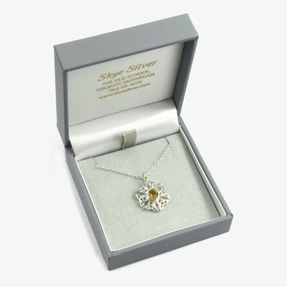 Facetted citrine birthstone Celtic knotwork silver pendant necklace