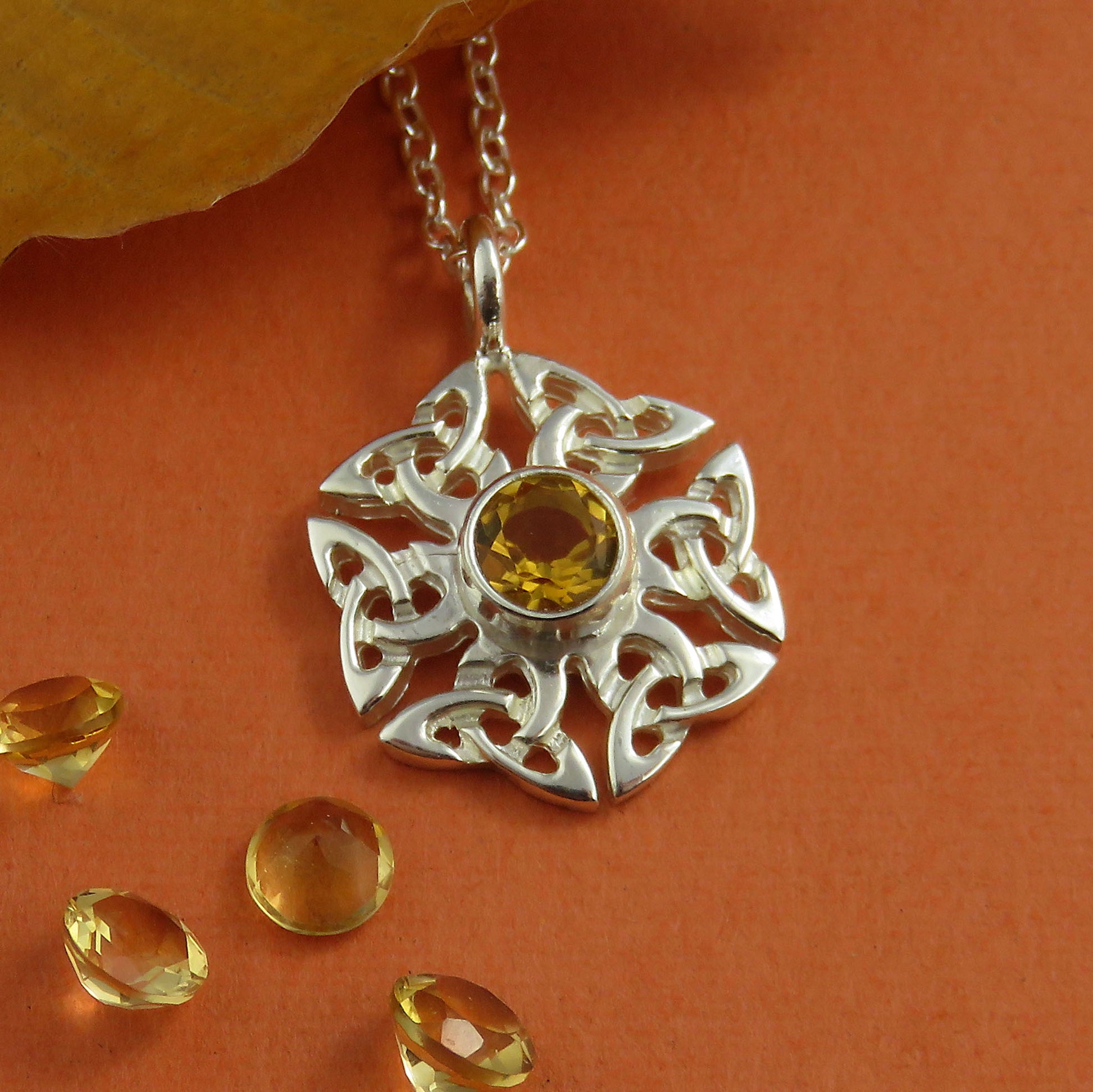 Facetted citrine birthstone Celtic knotwork silver pendant necklace
