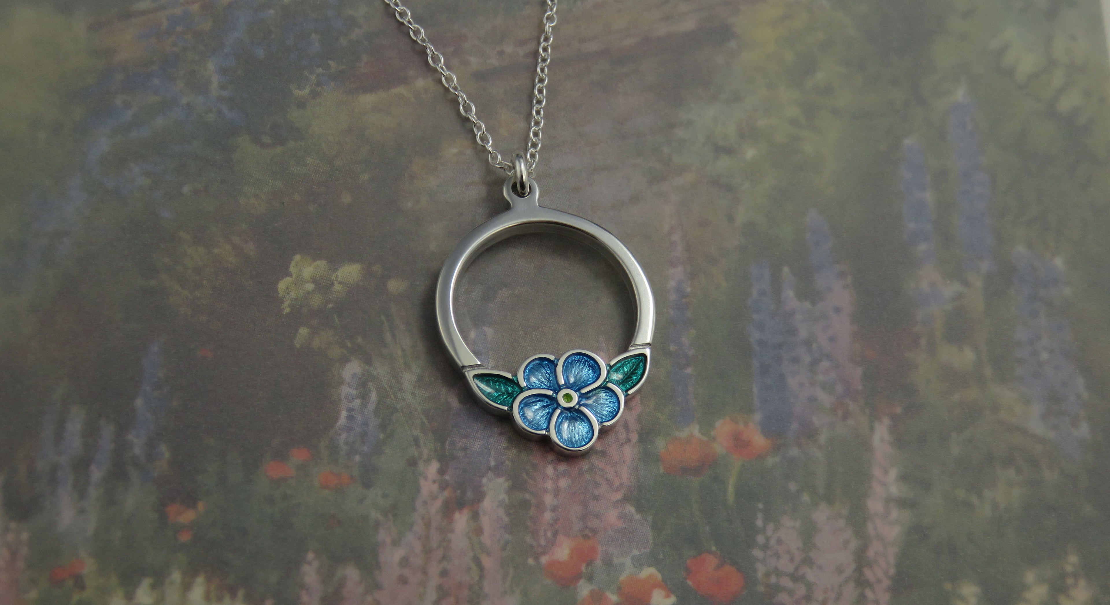 Forget-Me-Not flower Hoop enamel silver pendant necklace