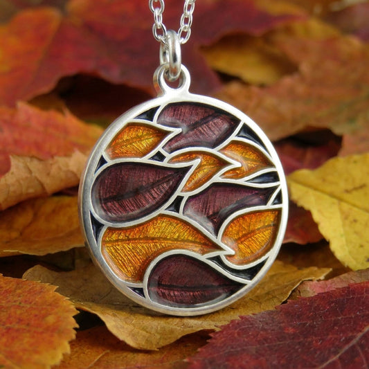 Leaves in the Wind enamel silver pendant necklace