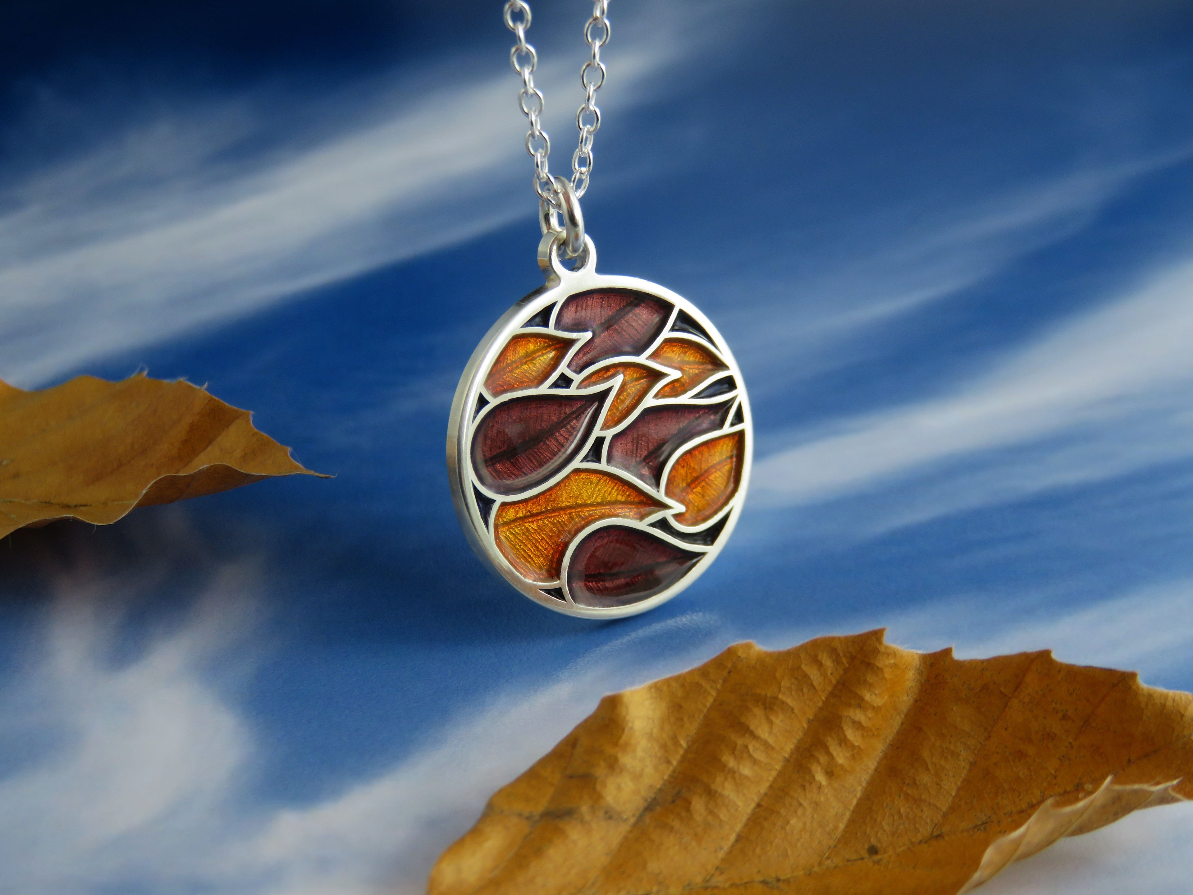 Leaves in the Wind enamel silver pendant necklace