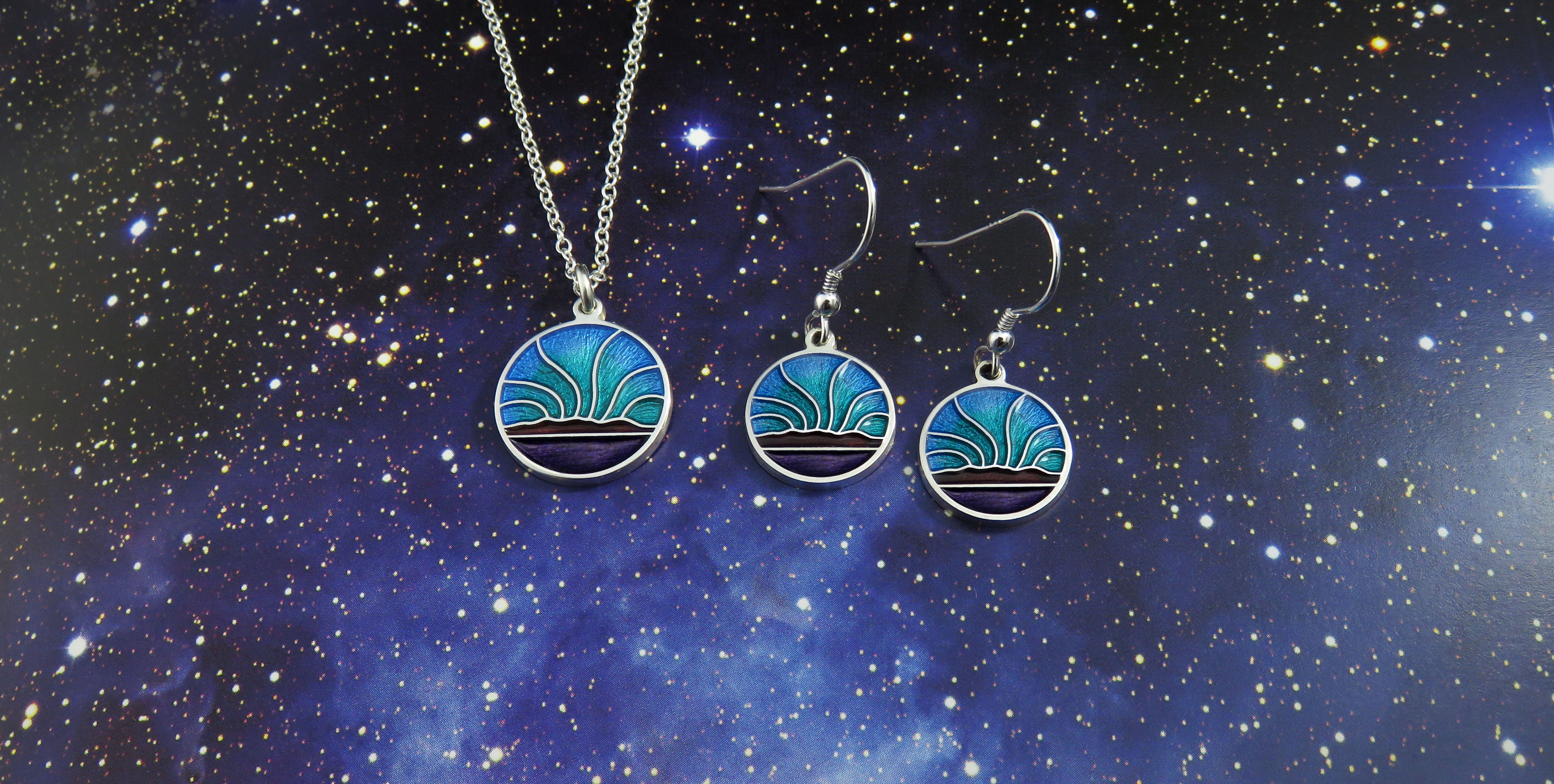 Northern Lights enamel silver pendant necklace and earrings