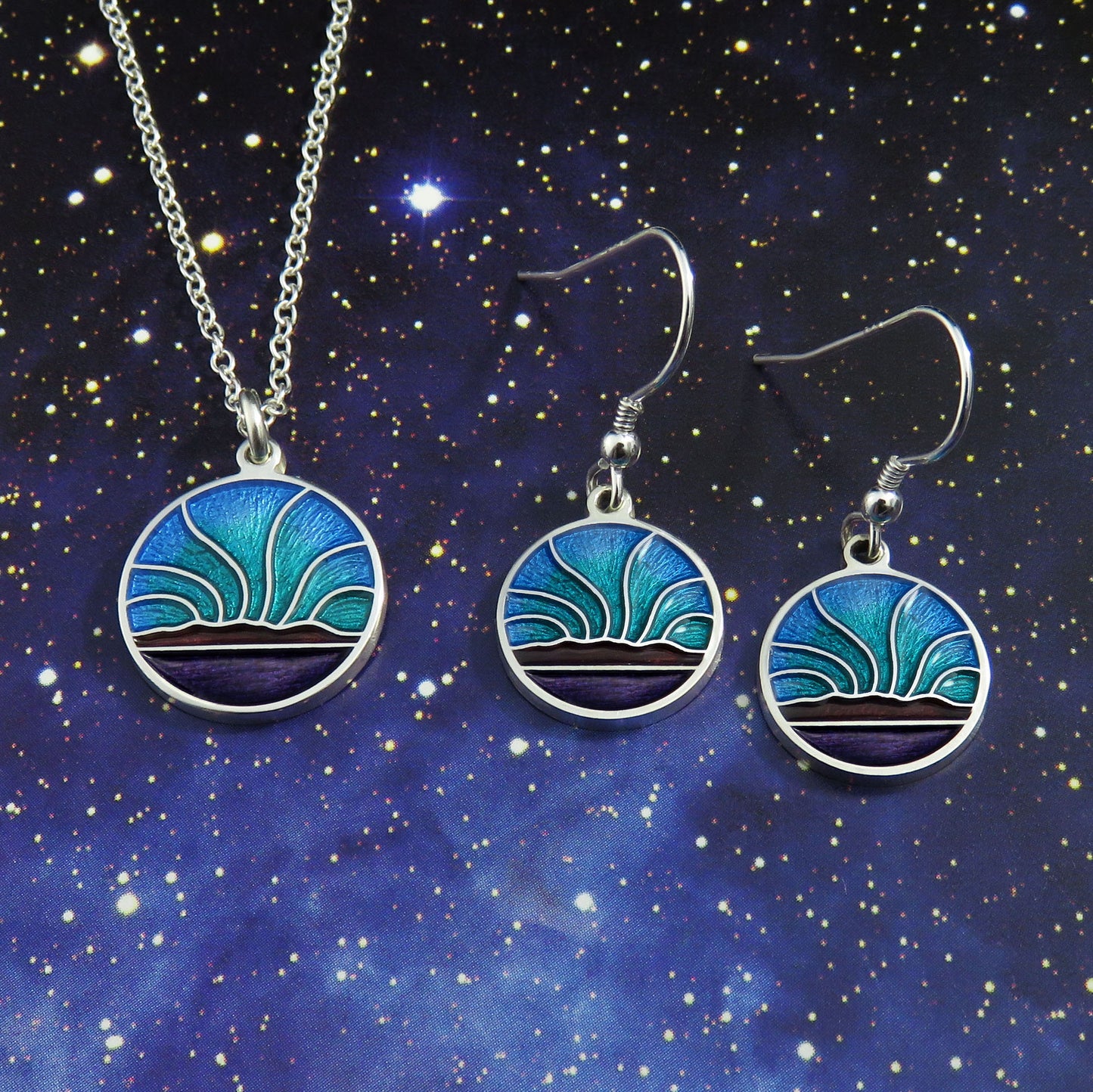 Northern Lights small enamel silver pendant necklace and dangle earrings set